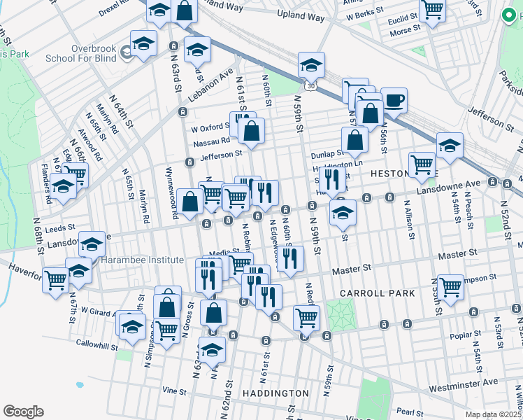 map of restaurants, bars, coffee shops, grocery stores, and more near 6037 Lansdowne Avenue in Philadelphia