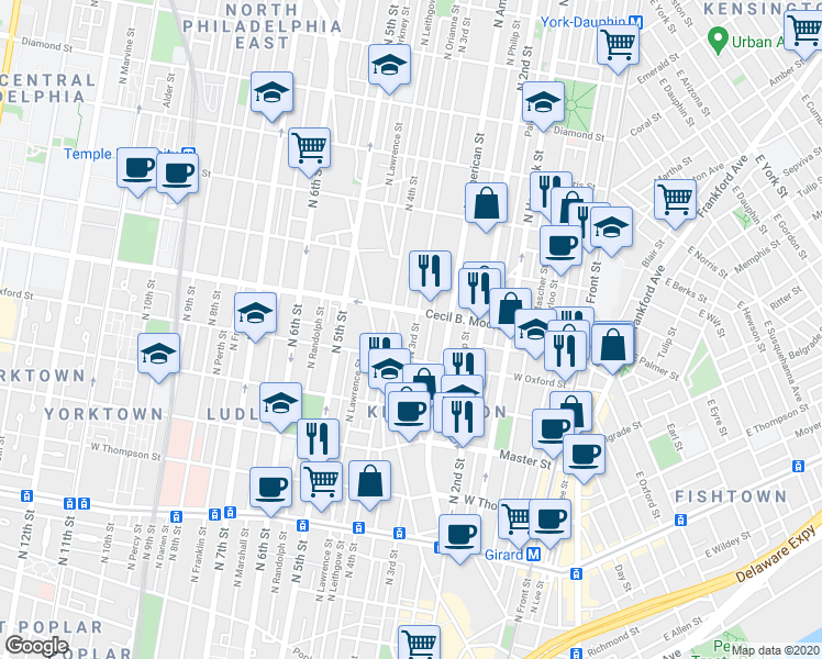 map of restaurants, bars, coffee shops, grocery stores, and more near 1634 North 3rd Street in Philadelphia