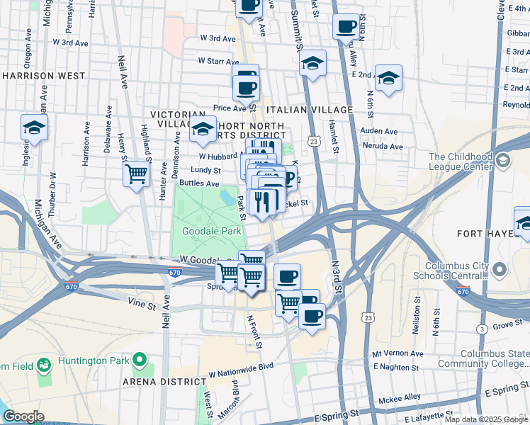 map of restaurants, bars, coffee shops, grocery stores, and more near 8 Victorian Gate Way in Columbus