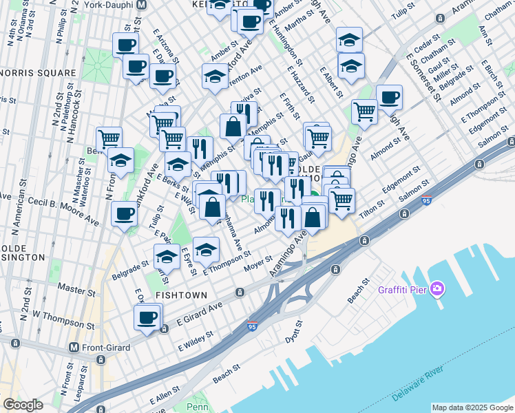 map of restaurants, bars, coffee shops, grocery stores, and more near 2520 East Dauphin Street in Philadelphia