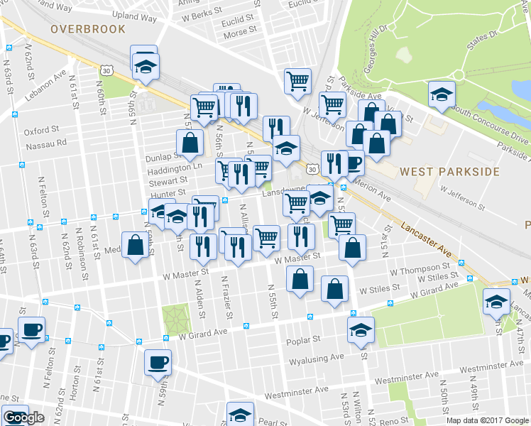map of restaurants, bars, coffee shops, grocery stores, and more near 1527 North 55th Street in Philadelphia