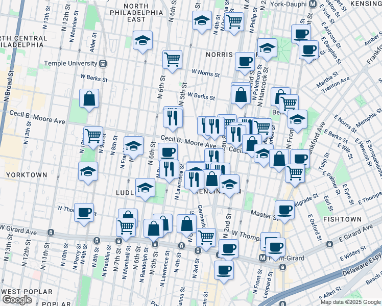 map of restaurants, bars, coffee shops, grocery stores, and more near 1631 Germantown Avenue in Philadelphia