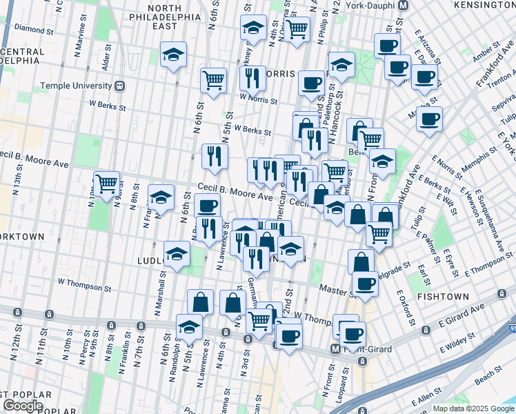 map of restaurants, bars, coffee shops, grocery stores, and more near 1634 North 3rd Street in Philadelphia