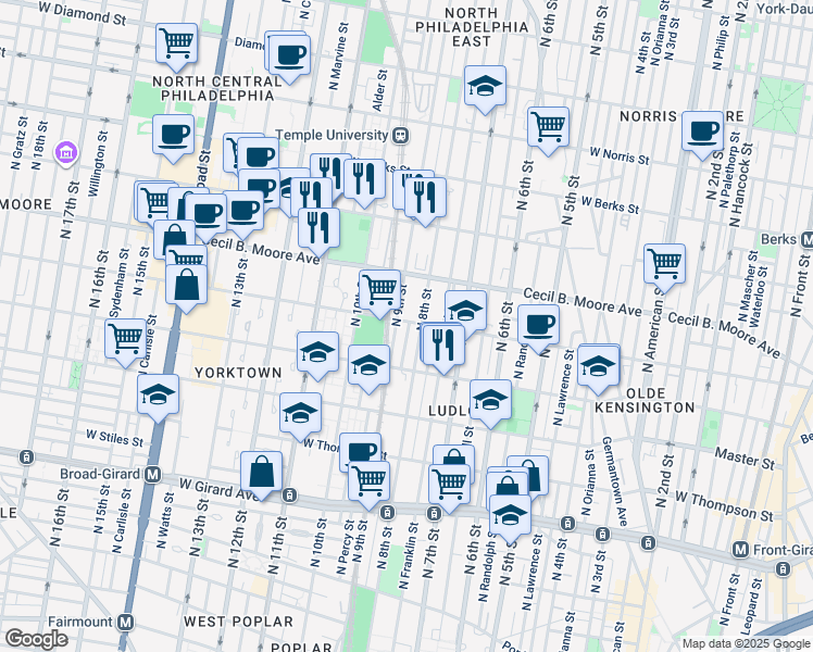 map of restaurants, bars, coffee shops, grocery stores, and more near 814 West Oxford Street in Philadelphia