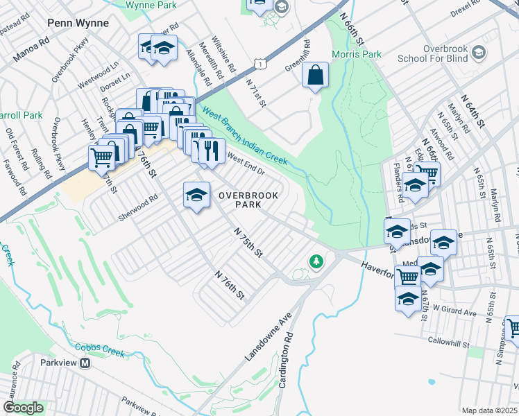 map of restaurants, bars, coffee shops, grocery stores, and more near 7352 Woodbine Avenue in Philadelphia