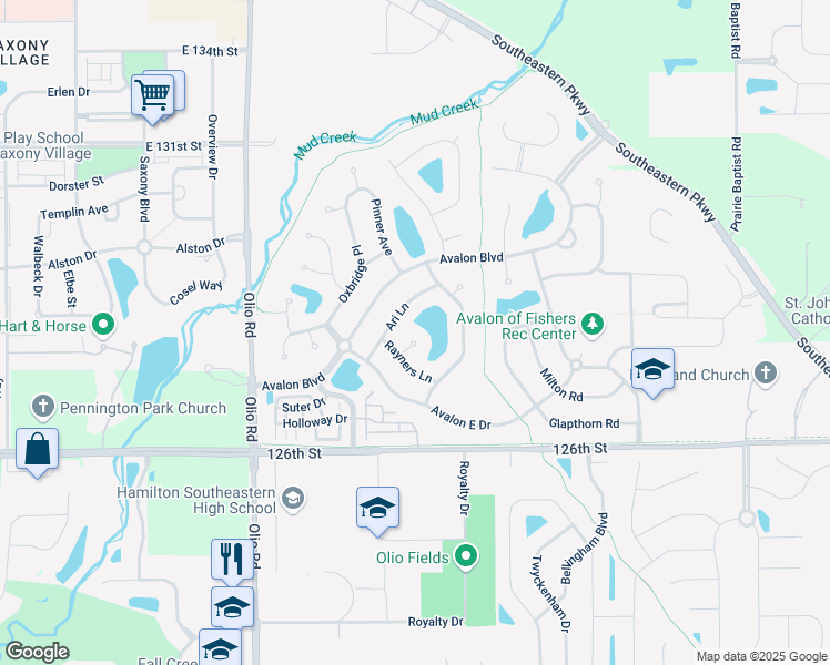 map of restaurants, bars, coffee shops, grocery stores, and more near 12873 Ari Lane in Fishers