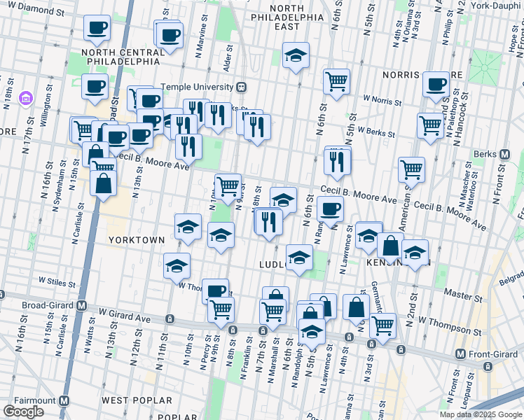 map of restaurants, bars, coffee shops, grocery stores, and more near 1530 North Perth Street in Philadelphia