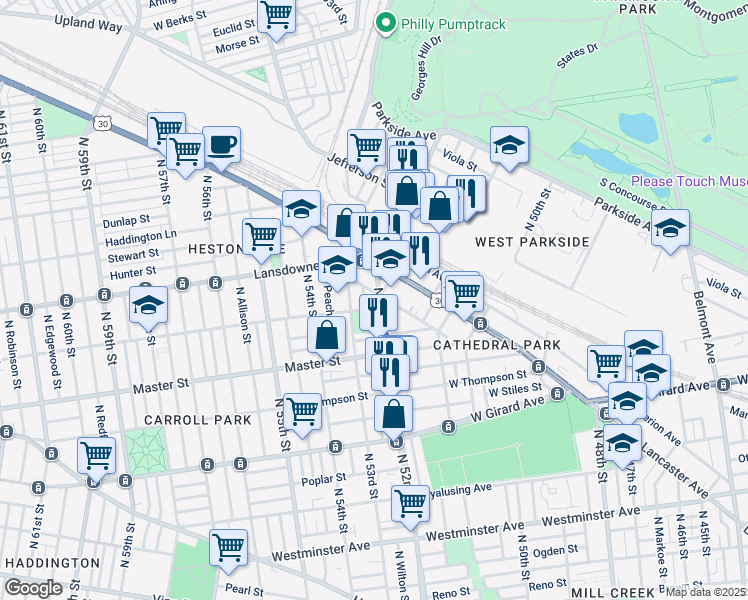 map of restaurants, bars, coffee shops, grocery stores, and more near 1466 North 52nd Street in Philadelphia