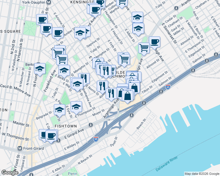 map of restaurants, bars, coffee shops, grocery stores, and more near 2540 East York Street in Philadelphia