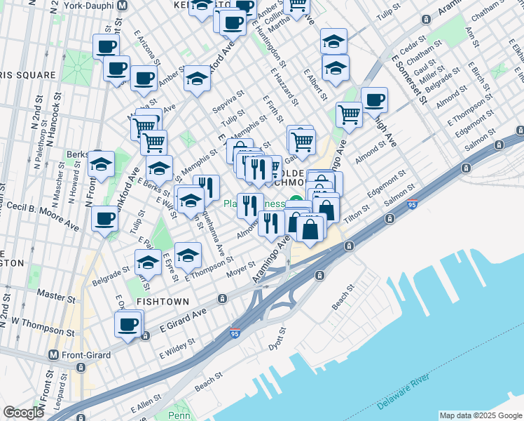 map of restaurants, bars, coffee shops, grocery stores, and more near 2540 East York Street in Philadelphia
