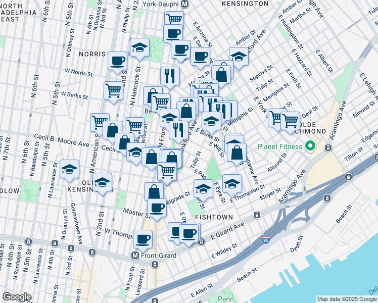map of restaurants, bars, coffee shops, grocery stores, and more near 1767 Frankford Avenue in Philadelphia