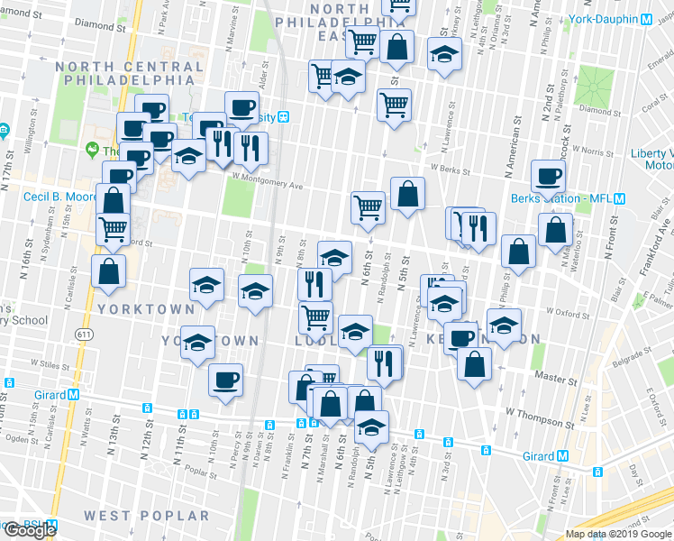 map of restaurants, bars, coffee shops, grocery stores, and more near in Philadelphia