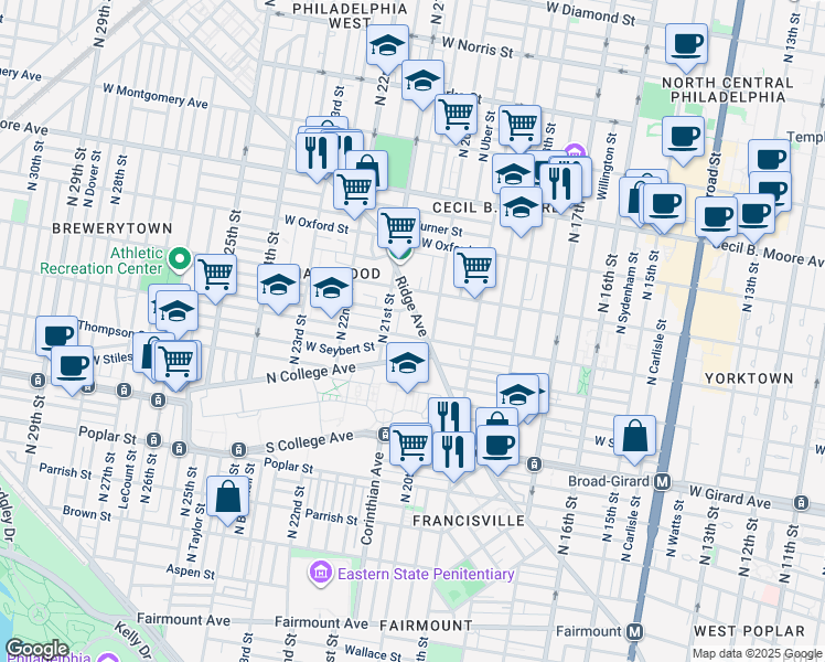 map of restaurants, bars, coffee shops, grocery stores, and more near 2046 Ridge Avenue in Philadelphia