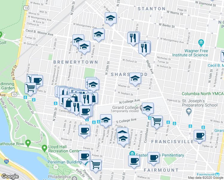 map of restaurants, bars, coffee shops, grocery stores, and more near in Philadelphia