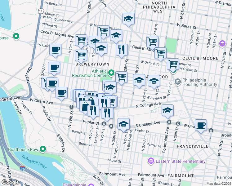map of restaurants, bars, coffee shops, grocery stores, and more near 2509 Ingersoll Street in Philadelphia