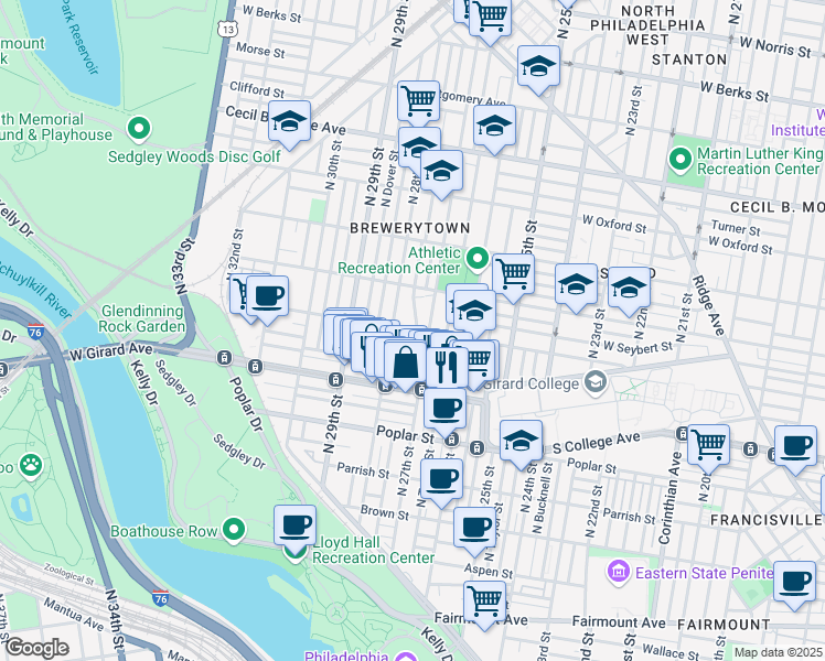 map of restaurants, bars, coffee shops, grocery stores, and more near 1322 North 27th Street in Philadelphia