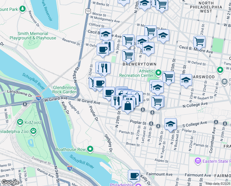 map of restaurants, bars, coffee shops, grocery stores, and more near 2940 West Thompson Street in Philadelphia