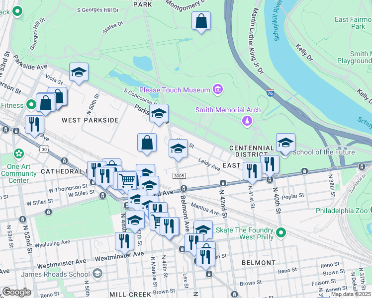 map of restaurants, bars, coffee shops, grocery stores, and more near 4265 Viola Street in Philadelphia