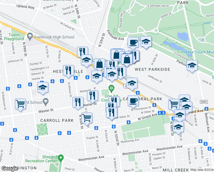 map of restaurants, bars, coffee shops, grocery stores, and more near 1459 North 52nd Street in Philadelphia