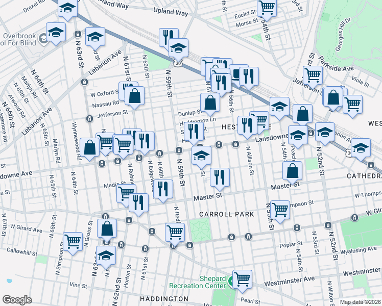 map of restaurants, bars, coffee shops, grocery stores, and more near 5801 Lansdowne Avenue in Philadelphia