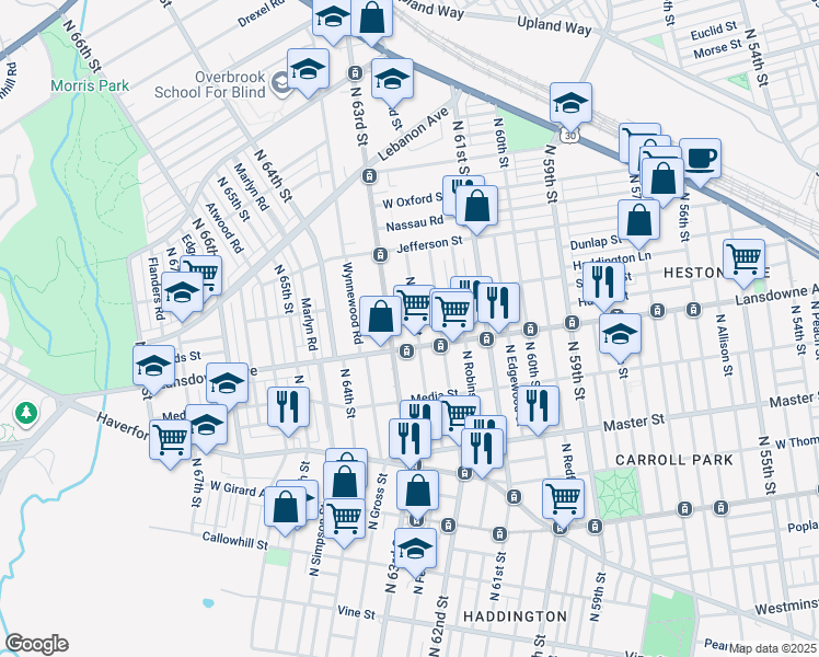 map of restaurants, bars, coffee shops, grocery stores, and more near 1651 North Felton Street in Philadelphia