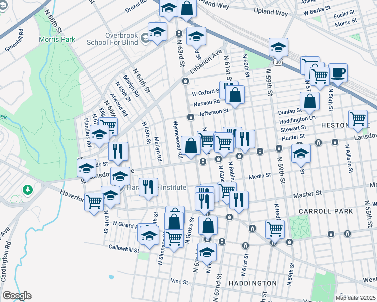 map of restaurants, bars, coffee shops, grocery stores, and more near 818 North 63rd Street in Philadelphia