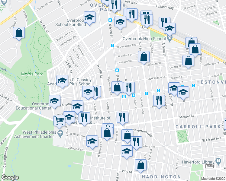 map of restaurants, bars, coffee shops, grocery stores, and more near 818 North 63rd Street in Philadelphia