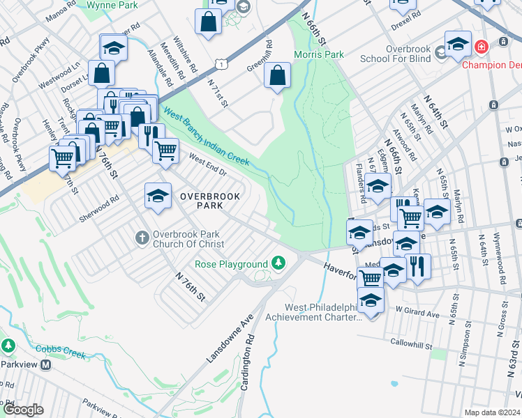 map of restaurants, bars, coffee shops, grocery stores, and more near 7322 Ruskin Road in Philadelphia