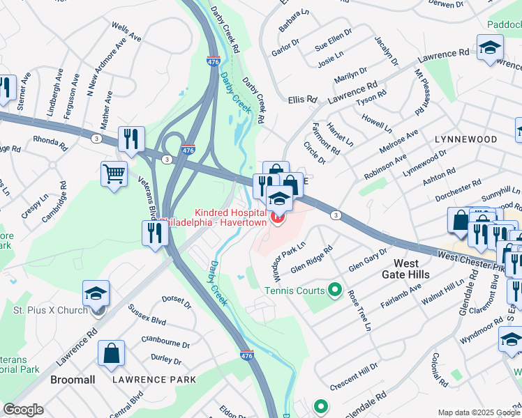 map of restaurants, bars, coffee shops, grocery stores, and more near 2040 Old West Chester Pike in Havertown