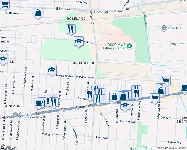 map of restaurants, bars, coffee shops, grocery stores, and more near 212 North Kellner Road in Columbus