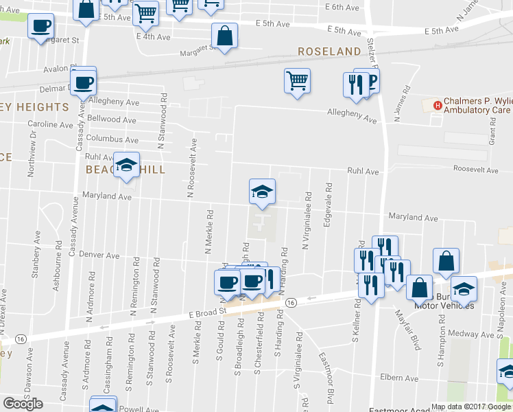 map of restaurants, bars, coffee shops, grocery stores, and more near 1175 College Avenue in Columbus