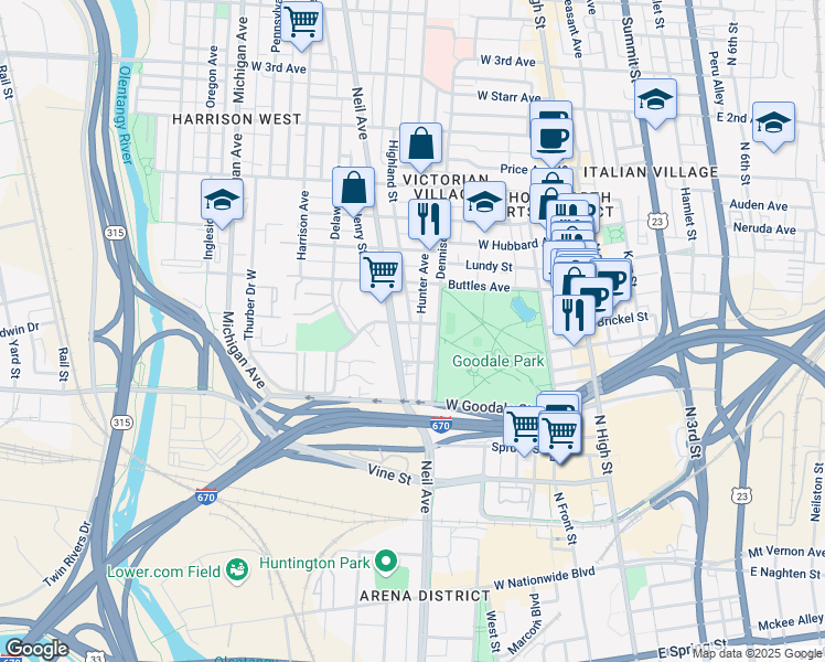 map of restaurants, bars, coffee shops, grocery stores, and more near 244 Collins Avenue in Columbus