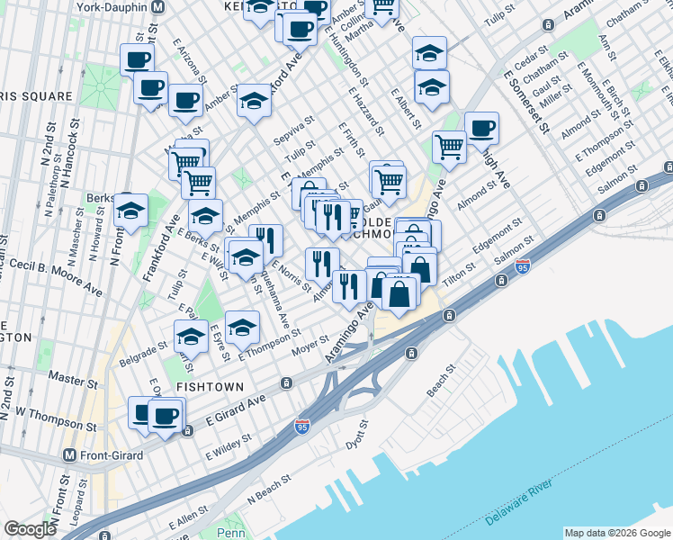 map of restaurants, bars, coffee shops, grocery stores, and more near 2540 East York Street in Philadelphia