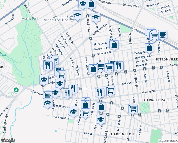 map of restaurants, bars, coffee shops, grocery stores, and more near 821 Wynnewood Road in Philadelphia