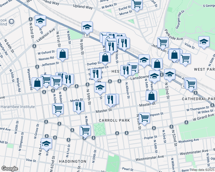 map of restaurants, bars, coffee shops, grocery stores, and more near 1550 North 57th Street in Philadelphia