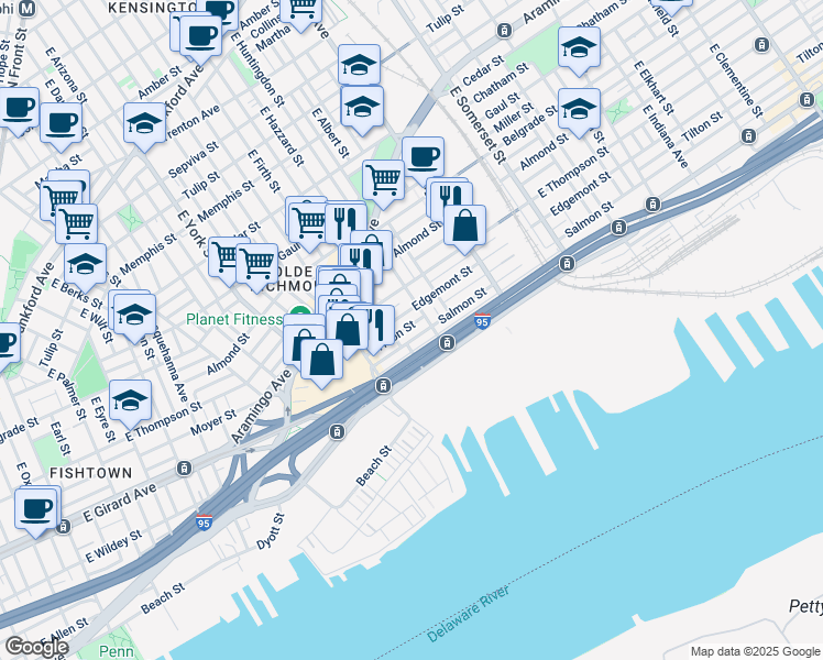 map of restaurants, bars, coffee shops, grocery stores, and more near 2558 1/2 Salmon Street in Philadelphia