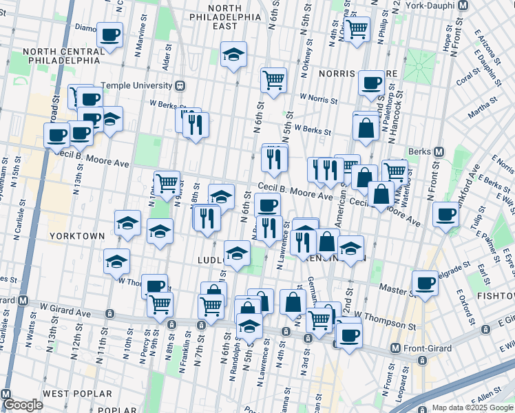 map of restaurants, bars, coffee shops, grocery stores, and more near 1620 North Randolph Street in Philadelphia