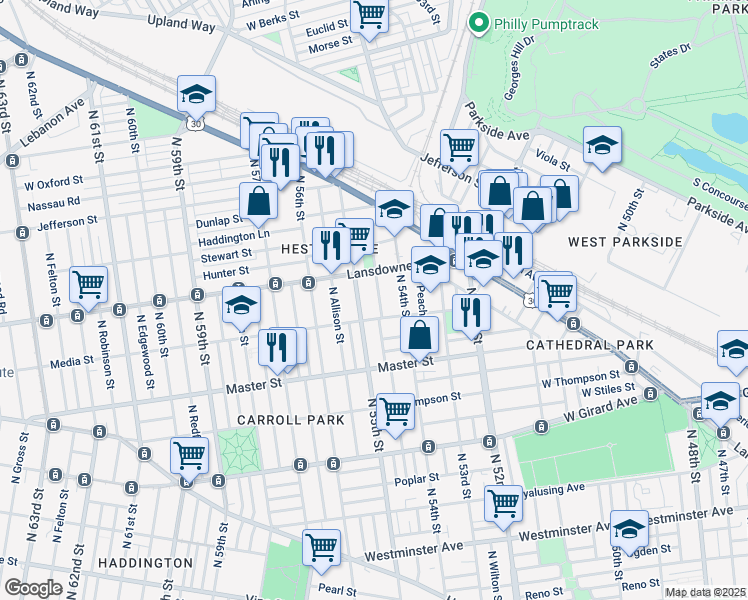 map of restaurants, bars, coffee shops, grocery stores, and more near 1516 North Conestoga Street in Philadelphia