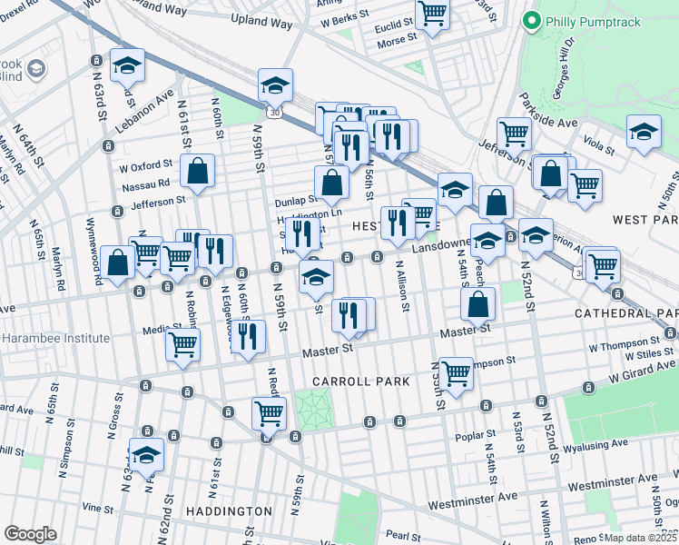map of restaurants, bars, coffee shops, grocery stores, and more near 1550 North 57th Street in Philadelphia