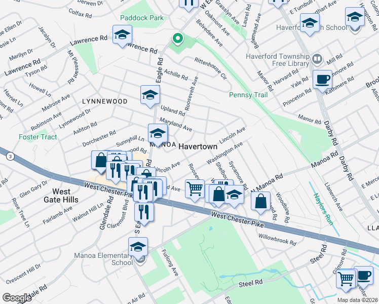 map of restaurants, bars, coffee shops, grocery stores, and more near in Havertown