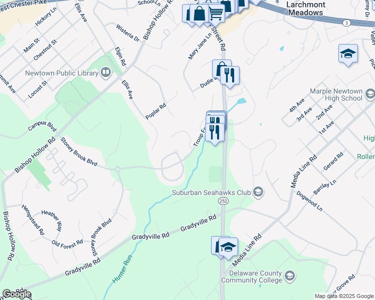 map of restaurants, bars, coffee shops, grocery stores, and more near 302 Arthur Court in Newtown Square