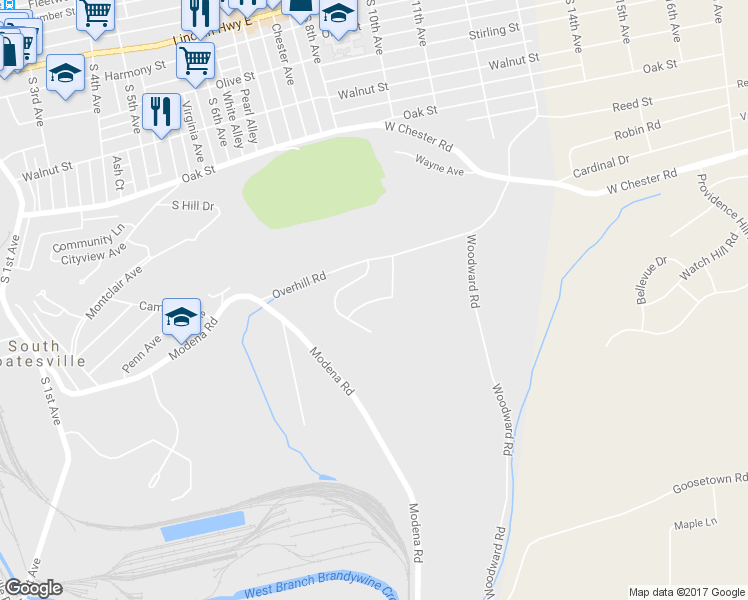 map of restaurants, bars, coffee shops, grocery stores, and more near 241 Kennedy Drive in Coatesville