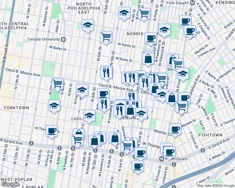 map of restaurants, bars, coffee shops, grocery stores, and more near 1631 Germantown Avenue in Philadelphia