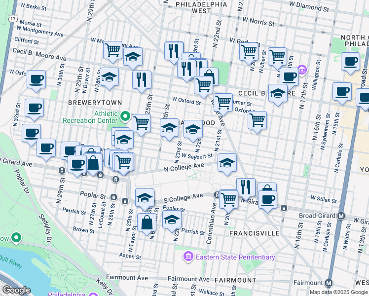 map of restaurants, bars, coffee shops, grocery stores, and more near 2241 Ingersoll Street in Philadelphia