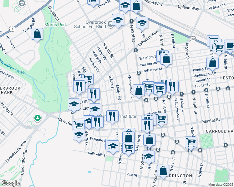 map of restaurants, bars, coffee shops, grocery stores, and more near 834 Marlyn Road in Philadelphia