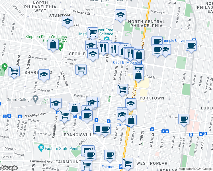map of restaurants, bars, coffee shops, grocery stores, and more near 1432 Willington Street in Philadelphia
