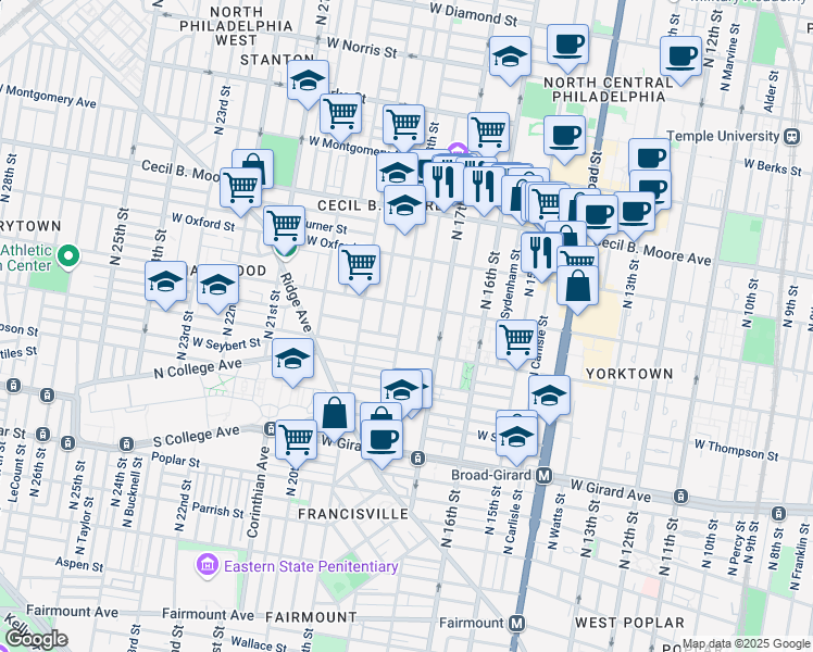 map of restaurants, bars, coffee shops, grocery stores, and more near 1415 North 18th Street in Philadelphia