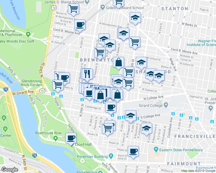 map of restaurants, bars, coffee shops, grocery stores, and more near 1303 North 27th Street in Philadelphia