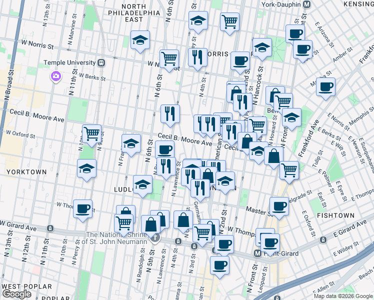 map of restaurants, bars, coffee shops, grocery stores, and more near 1655 Germantown Avenue in Philadelphia