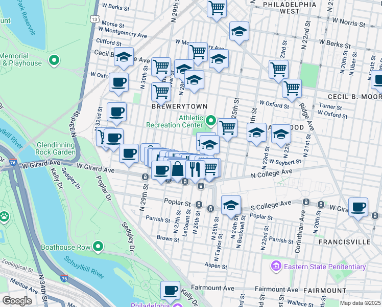 map of restaurants, bars, coffee shops, grocery stores, and more near 1303 North 27th Street in Philadelphia